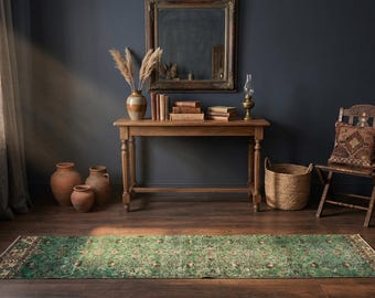 Vintage Turkish Runner Rug 2x10 Green Oushak Rug Distressed Hallway  One of a Kind
