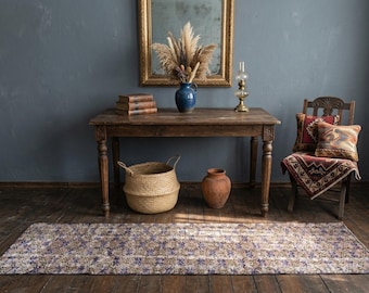 Handmade Wool Runner Rug: Vintage Beige Purple Turkish Oushak Style