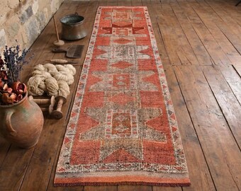 Beige Terracotta Vintage Herki Runner Rug – Hand Knotted Wool Hallway Rug