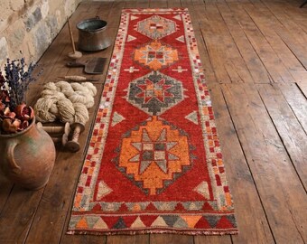 Red Orange Vintage Turkish Runner Rug – Hand Knotted Wool Hallway Rug