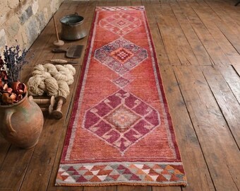 Terracotta Vintage Turkish Runner Rug – Hand Knotted Wool Hallway Rug, Geometric Anatolian Design