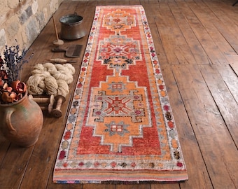 Vintage Turkish Runner Rug – Hand Knotted Wool Hallway Carpet, Boho Oushak Rug