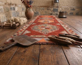 3x10 Vintage Herki Rug: Hand Knotted Wool Runner, Red Turkish Tribal One of a Kind