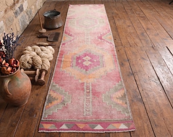 3x12 Vintage Herki Runner Rug – Wool Red Tribal Hallway Rug, Handmade Anatolian Carpet