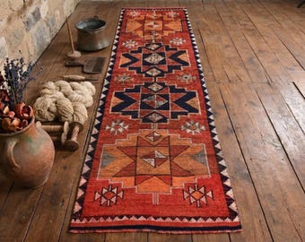 Vintage Herki Runner Rug: Turkish Hand Knotted Wool Hallway Rug 3x10 ft