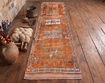 Burnt Orange Vintage Herki Runner Rug – Hand Knotted Wool Turkish Anatolian Rug