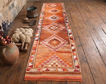 Orange Vintage Turkish Runner Rug – Hand Knotted Wool Hallway Rug, Tribal Anatolian Design