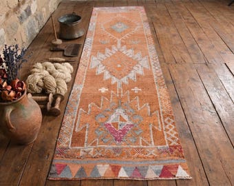 Orange Beige Vintage Herki Runner Rug – Hand Knotted Wool Turkish Hallway Rug