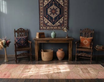 Vintage Turkish Runner Rug 2.8x11.11, Handmade Anatolian Oushak Runner, Blush Pink Beige Hallway Rug, Boho Corridor Carpet