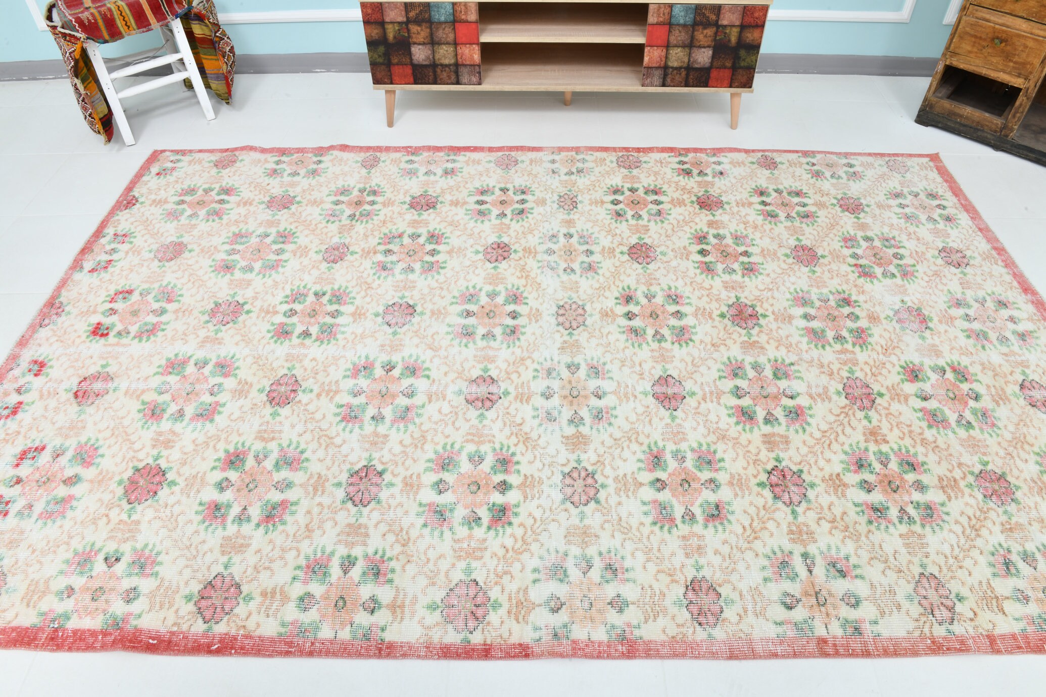 6x10 Mid Century Modern Vintage Rug, 6x10 Turkish Geometric Floral Soft