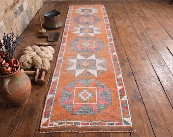 Vintage Turkish Runner Rug – Terracotta Wool Rug, Handmade Tribal Boho Hallway