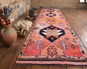 Coral Orange Vintage Herki Runner Rug – Hand Knotted Wool Turkish Hallway Rug