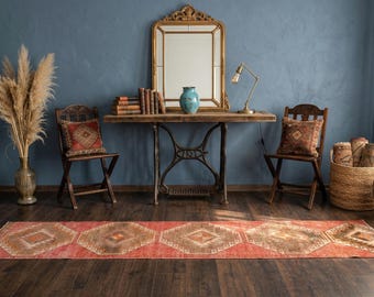 Oushak Runner Rug 12x2 Hand Knotted Wool Coral Anatolian Hallway Rug