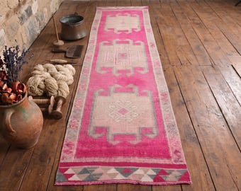 Vintage Turkish Runner Rug – Pink Wool Herki Rug, Handmade Tribal Hallway Runner