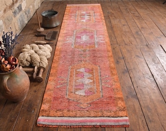 Vintage Oushak Runner Rug – Hand Knotted Wool Hallway Carpet, Boho Turkish Rug