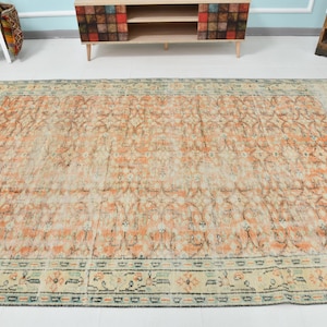 6x9 Vintage Distressed Area Rug, Peach Green Color Rug, 6x9 Handmade Floral Rug, Living Room Rug, 6x9 Turkish Pastel Color Rug