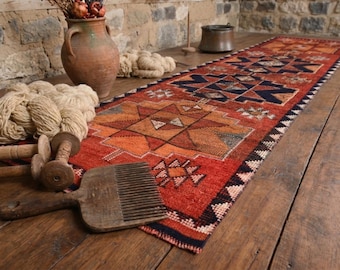 Vintage Herki Runner Rug: Turkish Hand Knotted Wool Hallway Rug 3x10 ft