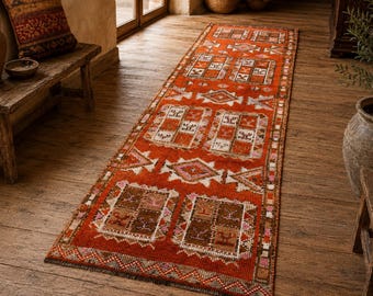 3x10 Vintage Turkish Runner Rug – Terracotta Geometric Wool Oushak Style, Handmade Hallway Rug