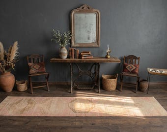 Oushak Runner Rug 10x2 Hand Knotted Wool Pink Beige Anatolian Hallway Rug