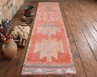 Orange Pink Vintage Herki Runner Rug – Hand Knotted Wool Turkish Hallway Rug