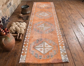 Orange Beige Vintage Herki Runner Rug – Hand Knotted Wool Anatolian Hallway Rug