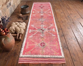 Vintage Herki Runner Rug – Coral Pink Wool Rug, Handmade Anatolian Boho Hallway Rug
