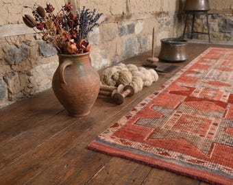 Vintage Herki Runner Rug - Turkish Hand Knotted Wool Hallway Rug 3x11 ft
