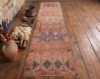 3x12 Vintage Turkish Herki Runner Rug – Large Wool Tribal Hallway Rug, Handmade Anatolian Carpet