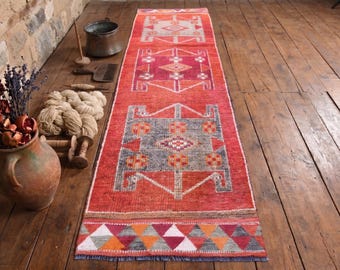 Vintage Kilim Runner Rug – Hand Knotted Wool Hallway Carpet, Red Turkish Rug