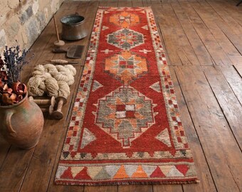 3x10 Vintage Herki Rug: Hand Knotted Wool Runner, Red Turkish Tribal One of a Kind