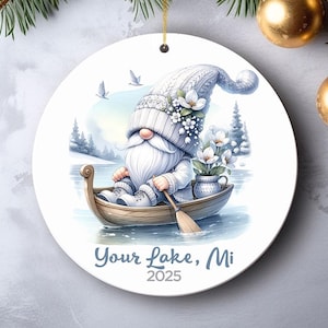 Custom Lake Ornament 2025 - Winter Gnome Canoe Keepsake for Nature Lover, Cabin Decor, Lake Life Christmas Gift - Personalized Tree Ornament