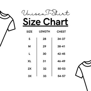 Op de afbeelding: Een zwart-wit grafiek van een unisex t-shirt maattabel. De tabel bevat maten S t/m 3X, met bijbehorende lengte- en borstmetingen in centimeters. Twee omtrek tekeningen van t-shirts omlijsten de tabel.