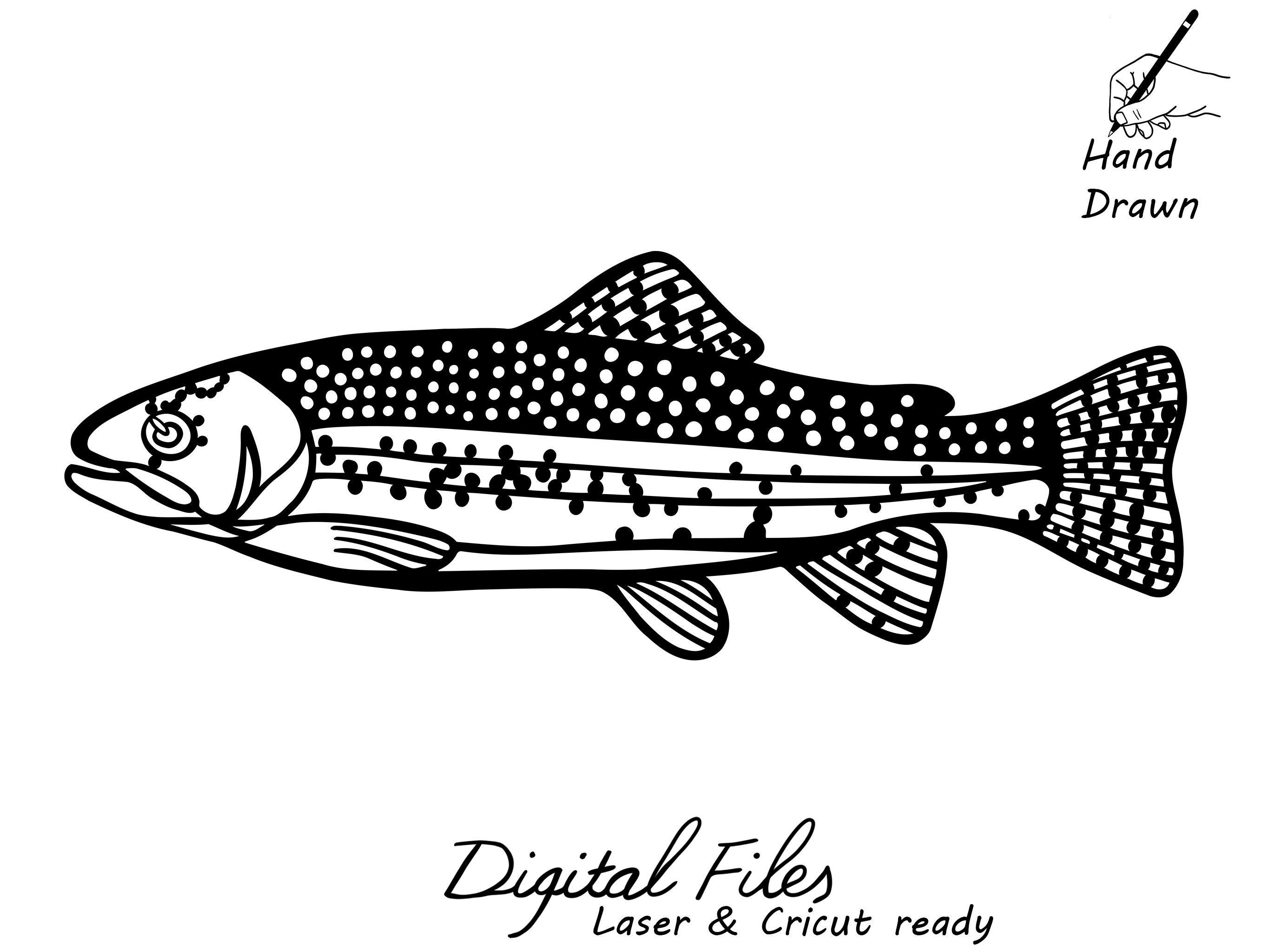 Rainbow Trout Hand Drawn SVG Clipart, Laser Cut Trout DXF, Cnc Cut