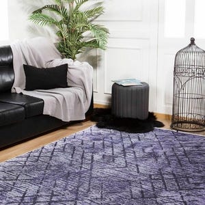 Boho Turkish Rug Runner: Purple Abstract Pattern, Washable Cotton Blend | Non-Slip, Allergy Friendly | Low Profile 0.2in Thickness