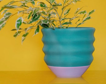 7.5" Wavy Planter - Fun and Colorful - Textured Turquoise and Pink - Plant Pot with Drainage Tray - Postmodern Cute