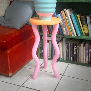 Colorful Wavy Side Table - Fun Pink Peach - Postmodern Maximalist Wavy Memphis Bedside Funky Nightstand Barbiecore