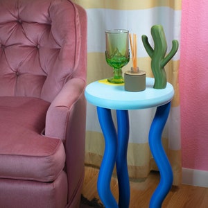 Colorful Wavy Side Table - Fun Blue Postmodern Maximalist Wavy Memphis Bedside Funky Nightstand Eclectic Accent