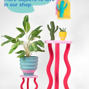 Puede incluir: Dos mesas con patas onduladas, una rosa y otra roja, con un cactus verde y una planta en maceta encima. Las mesas son de madera y tienen un acabado liso. El cactus es verde y tiene una textura espinosa. La planta es verde y tiene una textura frondosa. Las mesas est&aacute;n sobre un fondo blanco. El texto "More objects to love in our shop" est&aacute; escrito en azul sobre un fondo azul claro.