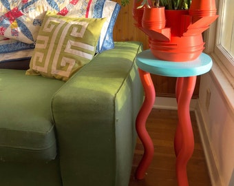 The Orange & Teal Jelly Table - Colorful Side Table - Wavy Postmodern Funky Nightstand - Fun Memphis Southwest Maximalist Bedside Table