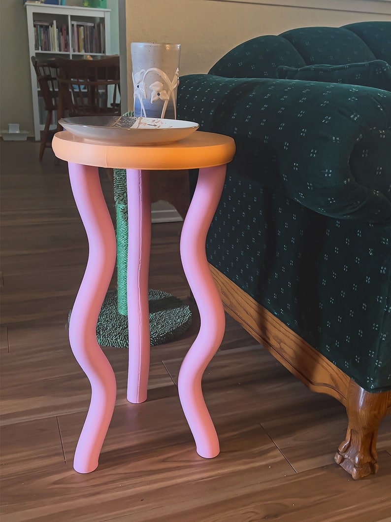 Colorful Wavy Side Table Fun Pink Peach Postmodern Maximalist Wavy Memphis Bedside Funky Nightstand Barbiecore image 6