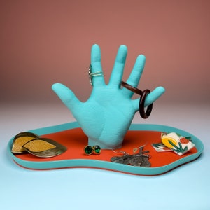 The Hand Tray - Catchall For Jewelry & Trinkets Orange Teal Fun Funky Colorful Postmodern Fun Decor - Maximalist Ring Dish Quirky Retro Cool