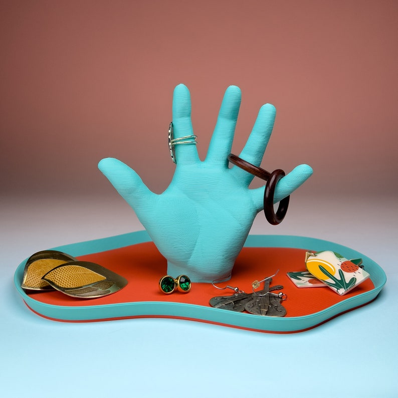 The Hand Tray Catchall For Jewelry & Trinkets Orange Teal Fun Funky Colorful Postmodern Fun Decor Maximalist Ring Dish Quirky Retro Cool image 1