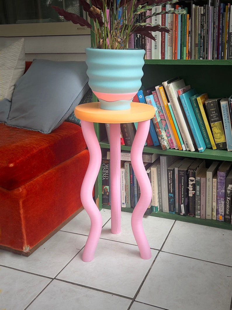Colorful Wavy Side Table Fun Pink Peach Postmodern Maximalist Wavy Memphis Bedside Funky Nightstand Barbiecore image 1