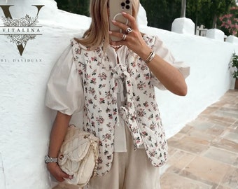 Floral Pattern Cardigan Vest | Lace-Up Half Open Collar | Preppy Style Fashion