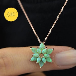 Green Lotus Opal Flower 925 Sterling Silver Rose Gold Necklace, Opal Flower Necklace Handmade Jewelry Unique Gift for Her Mama Bohemian Gift