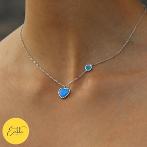 Blue Heart Opal Stone 925 Sterling Silver Rose Gold Necklace, Elegant Handmade Jewelry Unique Gift for Her Mama Cute Bohemian Necklace