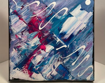 Cascade" toile, Tableau abstrait, unique et original, coloré, bleu violet, s'évader, rêver, pour soi ou à offrir, bureau, crémaillère, ami