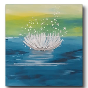 Tableau abstrait contemporain 25X25 cm, œuvre originale sur carton entoilé, lotus, mer, bleu vert,  décoration, cadeau unique