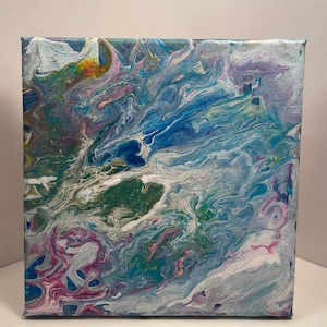 Fluid Art Gemälde auf Leinwand 20X20 cm, zeitgenössische abstrakte Malerei, Acrylgemälde, originelle, einzigartige künstlerische Geschenkidee