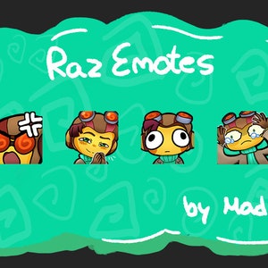 Può includere: Quattro emoji di cartoni animati di un personaggio di nome Raz, con diverse espressioni: arrabbiato, timido, sorpreso e triste. Gli emoji sono su uno sfondo verde con una forma di nuvola bianca e il testo "Raz Emotes by Mad".